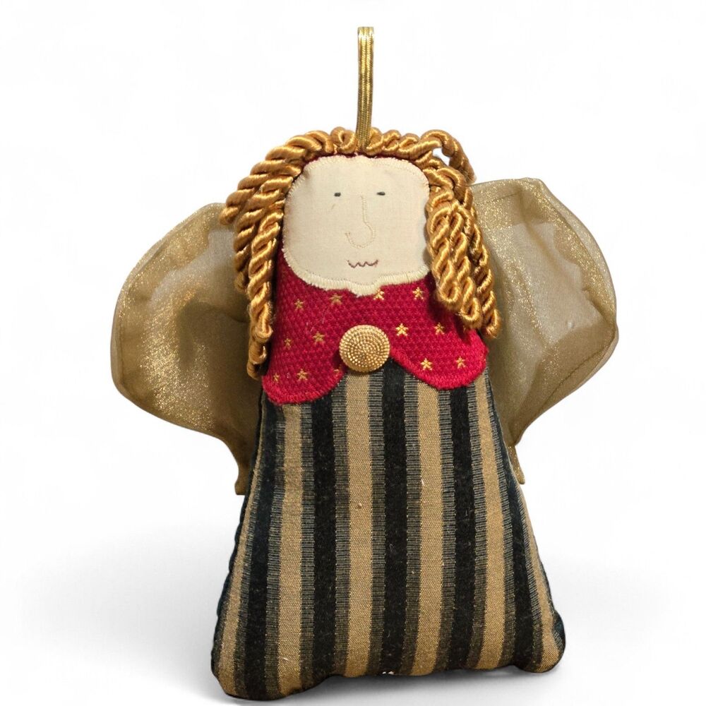 Woof & Poof Christmas Angel Soft Stuffed Ornament Decor Green gold Striped Dress